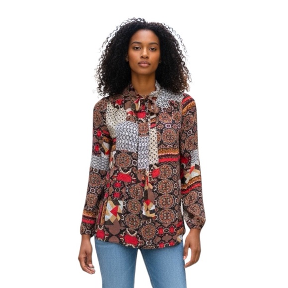 Daniel Rainn Brown Mixed Print Brown Long Sleeve Blouse S - Picture 5 of 5